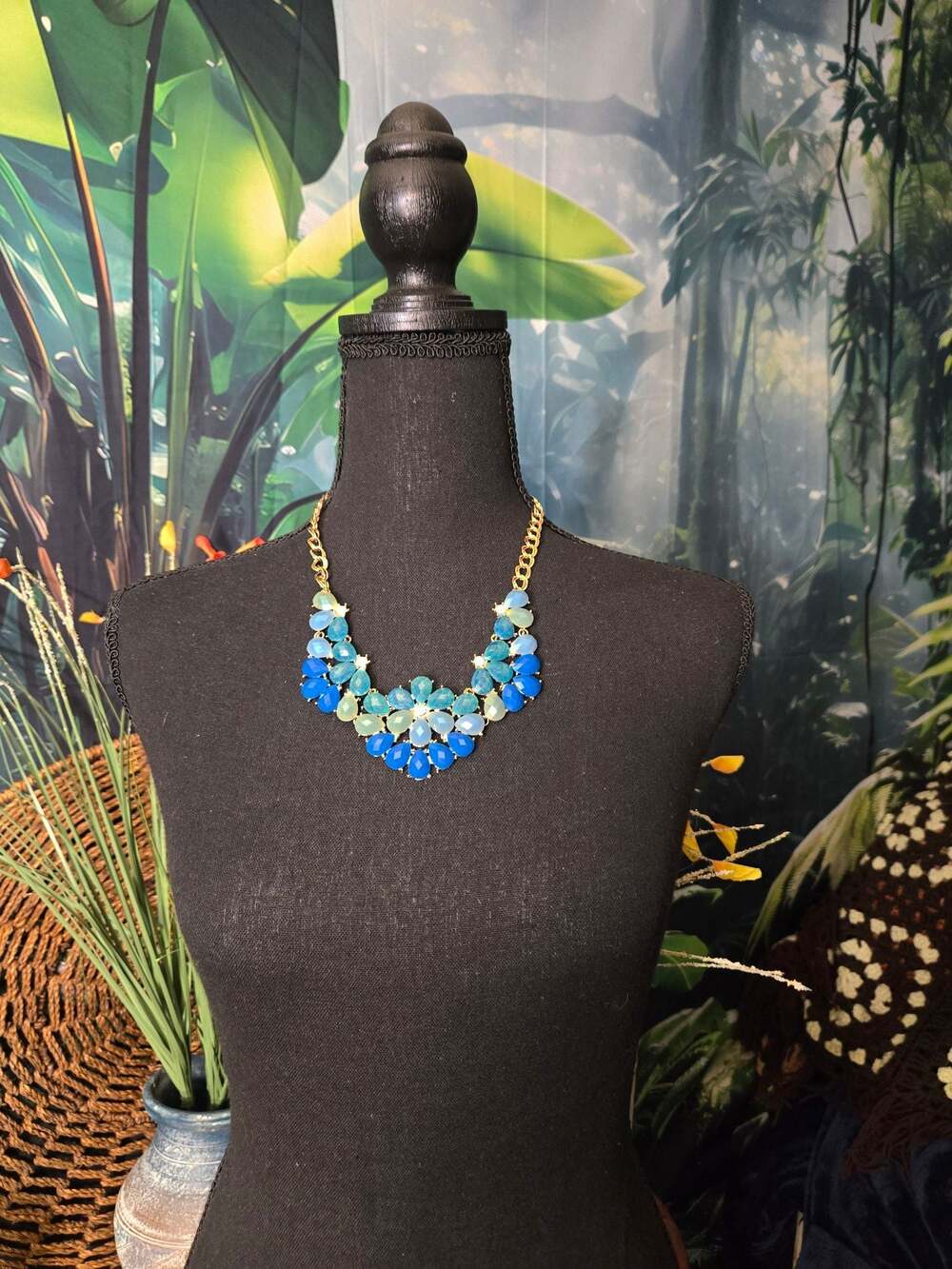 Blue Teardrop Statement Bib Necklace with Gold-Tone Chain